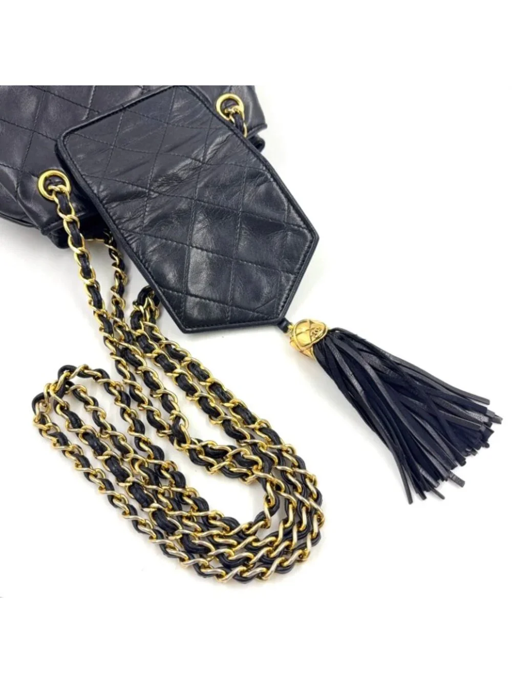 Chanel Quilted Tassel Lambskin Black Chain Shoulder Bag Gold